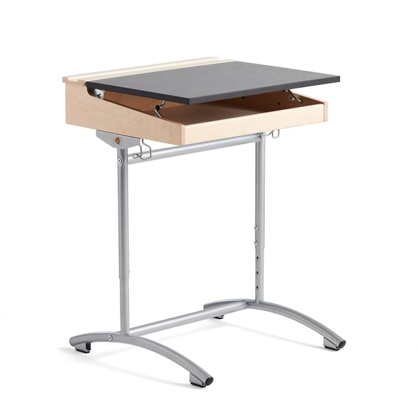 Heightadjustable student desk ACCESS, birch, dark grey linoleum AJ