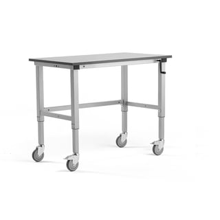 Height-adjustable mobile workbench MOTION, manual, 150 kg, 1200x600 mm, grey