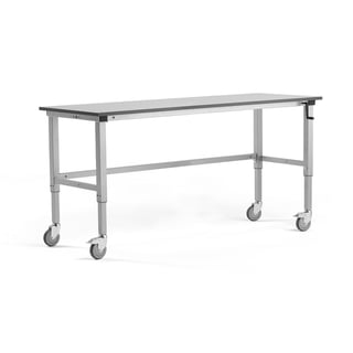 Height-adjustable mobile workbench MOTION, manual, 150 kg, 2000x600 mm, grey