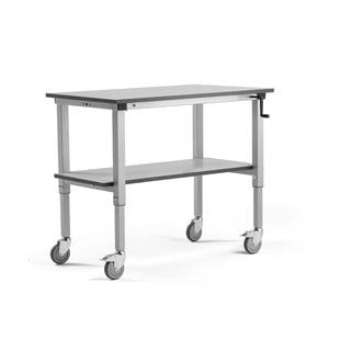 Mobile workbench MOTION with bottom shelf, manual, 150 kg, 1200x600 mm, grey