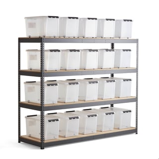 Widespan shelving LEE + COMBO with 20 plastic boxes, 1980x2440x775 mm
