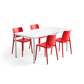Ēdamzāles mēbeļu komplekts MODULUS + RIO, 1 galds un 4 sarkani krēsli