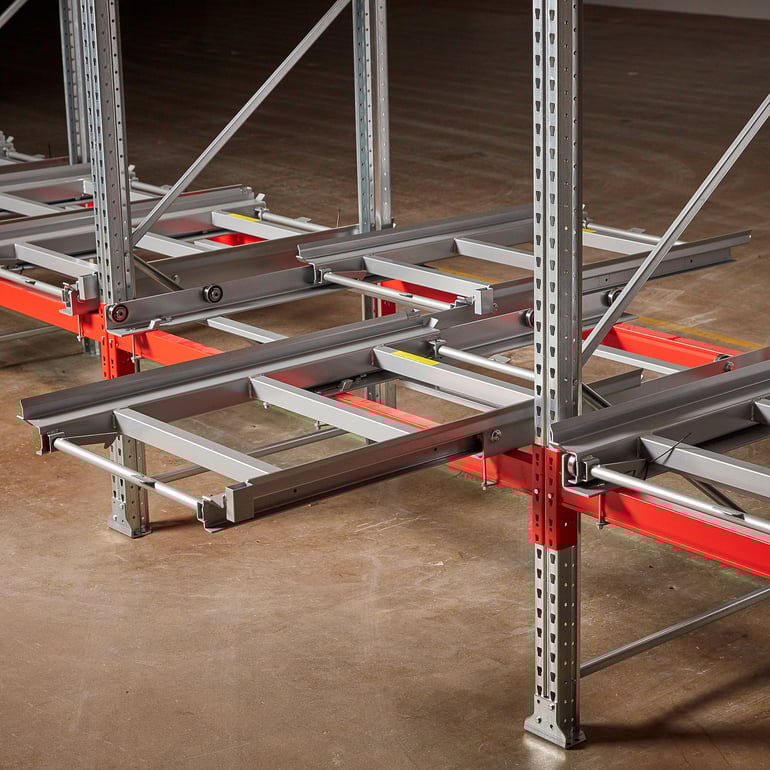 Pull-out pallet cradle, double sided beam model, 600 kg load | AJ Products
