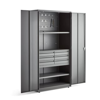 Dílenská skříň Supply, zámek na klíč, 3 police, 6 zásuvek, 1 panel, 1900x1020x500 mm, šedá