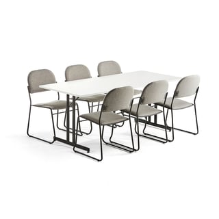 Møbelgruppe EMILY + DAWSON, 1 bord + 6 lysegrå stoler