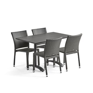 Zestaw mebli zewnętrznych ASTON + PIAZZA: stół + 4 krzesła, rattan, szary