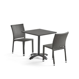 Āra mēbeļu komplekts ASTON + PIAZZA: 1 galds + 2 rotangpalmas krēsli, pelēki
