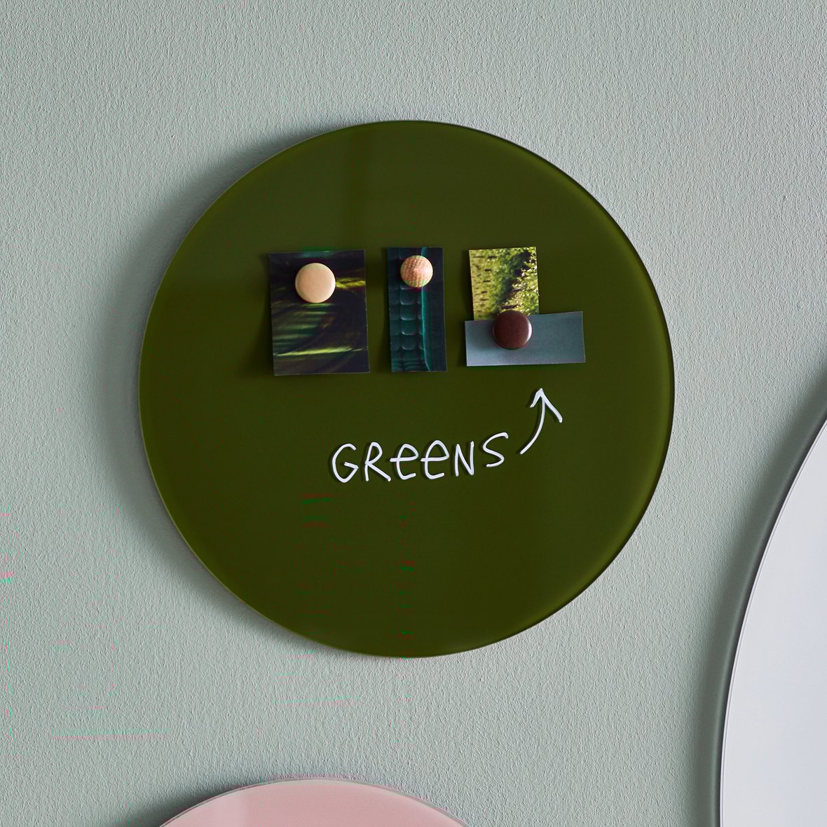 Circular glass writing board CAROL, Ø 350 mm, olive green AJ Products