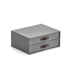 Storage box TIDY with 2 drawers, grey with leather handles, 255x330x145 mm