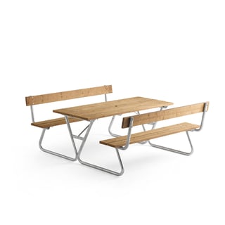 Extra long table with bench PICNIC PINE, with backrest, 1800 mm, brown