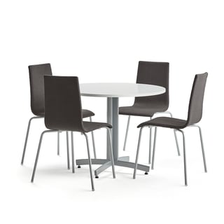Sestava SANNA + MELVILLE, stůl Ø900 mm, bílá + 4 židle, tmavě šedá