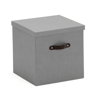 Storage box TIDY, grey with leather handles, 315x315x315 mm