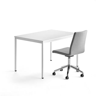 Kancelářská sestava MODULUS + PERRY, psací stůl, bílý + konferenční židle, šedá