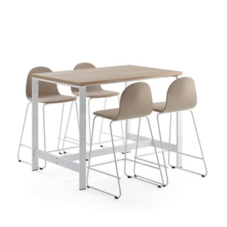 Sestava VARIOUS + GANDER, stůl 1200x800x900 mm, dub + 4 barové židle, béžové