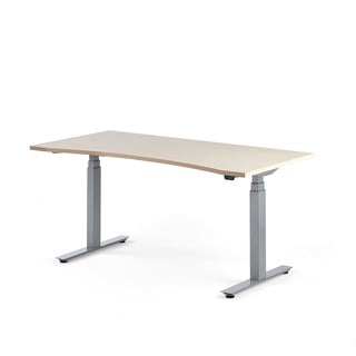 Skrivbord MODULUS, höj och sänkbart, maguttag, 1600x800 mm, silver, björk