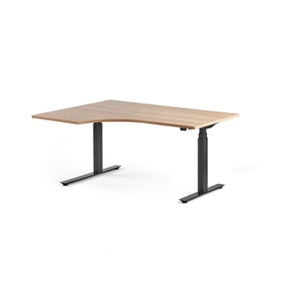 Kotna električna dvižna pisalna miza MODULUS, ergonomična, 1600 x 1200 mm, črni okvir, hrast