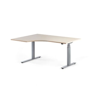 Výškově nastavitelný stůl MODULUS, rohový, 1600x1200 mm, stříbrný rám, bříza