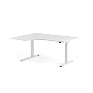 Hörnskrivbord MODULUS, höj och sänkbart, t-stativ, 1600x1200 mm, vit, vit