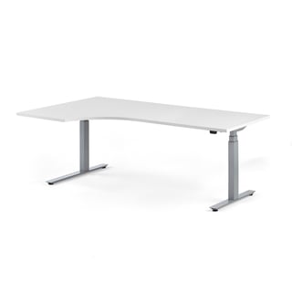 Hjørneskrivebord MODULUS, hev/senk, L2000 B1200 H640–1290 mm, sølv/hvit