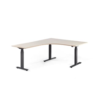 Kotna električna dvižna pisalna miza MODULUS, ergonomična, 1600x2000 mm, črni okvir, breza