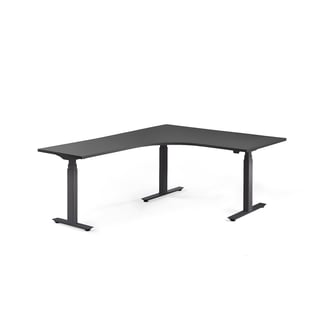 Hjørneskrivebord MODULUS, hev/senk, L1600 B2000 H640–1290 mm, svart/svart
