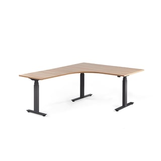 Výškově nastavitelný stůl MODULUS, rohový, 1600x2000 mm, černý rám, dub
