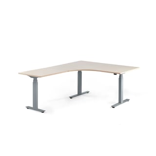 Hjørneskrivebord MODULUS, hev/senk, L1600 B2000 H640–1290 mm, sølv/bjørk