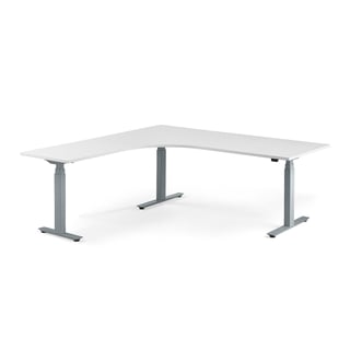 Hjørneskrivebord MODULUS, hev/senk, L2000 B2000 H640–1290 mm, sølv/hvit