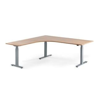 Standing desk MODULUS, L-shaped, 2000x2000 mm, silver frame, oak