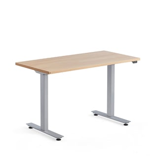 Skrivebord MODULUS, hev/senk, L1200 B600 H710–1180mm, sølv/eik