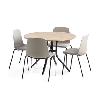 Sestava VARIOUS + LANGFORD, stůl Ø1100x740 mm, dub + 4 židle, šedá