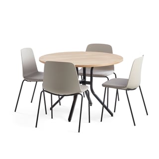 Baldų komplektas Various + Langford, 1 stalas + 4 pilkos kėdės