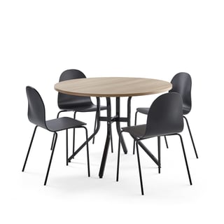 Sestava VARIOUS + GANDER, stůl Ø1100x740 mm, dub + 4 černé židle