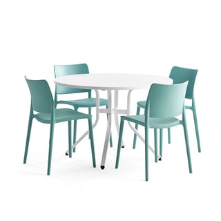 Möbelgrupp VARIOUS + RIO, 1 bord och 4 turkos stolar