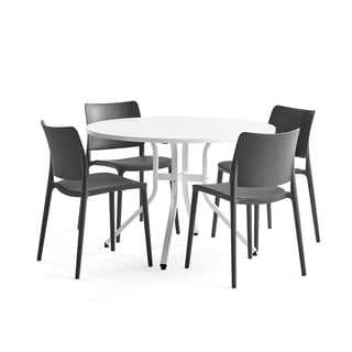 Baldų komplektas Various + Rio, 1 stalas + 4 tamsiai pilkos kėdės
