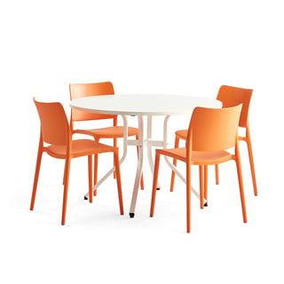 Möbelgrupp VARIOUS + RIO, 1 bord och 4 orange stolar