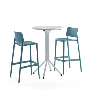 Mēbeļu komplekts VARIOUS + RIO, 1 galds un 2 tirkīza zili bāra krēsli