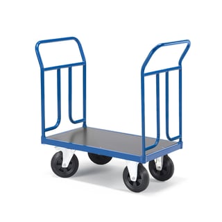 Wózek platformowy TRANSFER, 2 burty z rur stalowych, 900x500 mm, gumowe koła, z hamulcem