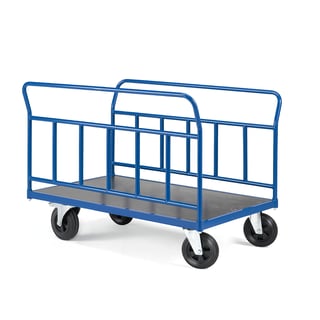 Platform trolley TRANSFER, 2 long steel sides, 1200x800 mm, solid rubber, with brakes