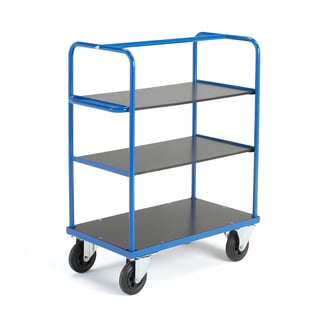 Shelf trolley TRANSFER, 3 shelves, 900x500x1180 mm, rubber wheels, no brakes