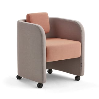 Armchair COMFY, with wheels, wool fabric, silver grey/salmon pink