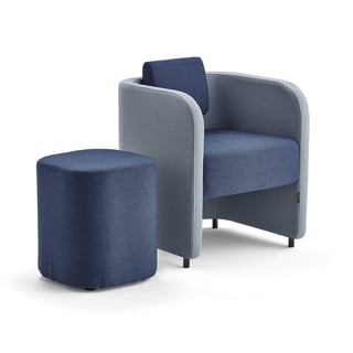 Meubelset COMFY, fauteuil + kruk, met poten, wol, hemelsblauw/marineblauw