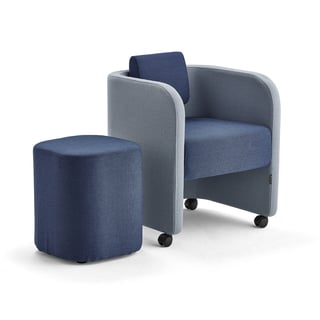 Furniture set COMFY, armchair + stool, with wheels, wool, sky blue/navy blue