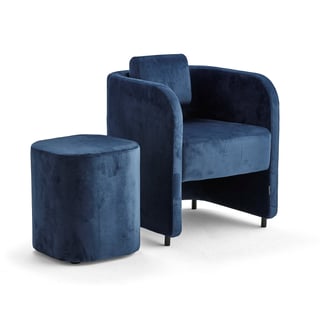 Komplet pohištva COMFY, stol z opirali + stolček, z nogami, žametna tkanina, modra