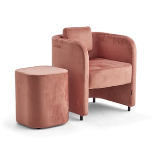 Furniture set COMFY, armchair + stool, with legs, velvet, salmon pink
