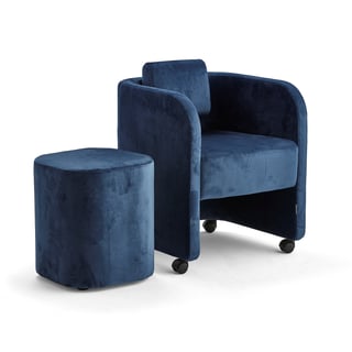 Meubelset COMFY, fauteuil + kruk, met wieltjes, fluweel, blauw
