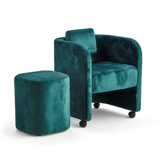 Furniture set COMFY, armchair + stool, with wheels, velvet, emerald