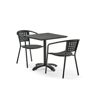 Āra mēbeļu komplekts PIAZZA + CAPRI, 1 kvadrātveida galds + 2 melni krēsli