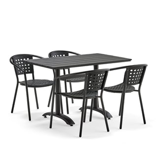 Āra mēbeļu komplekts PIAZZA + CAPRI, 1 taisnstūra galds + 4 melni krēsli