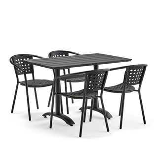 Havemøbelsæt Piazza + Capri, 1 rektangulært bord + 4 sorte stole